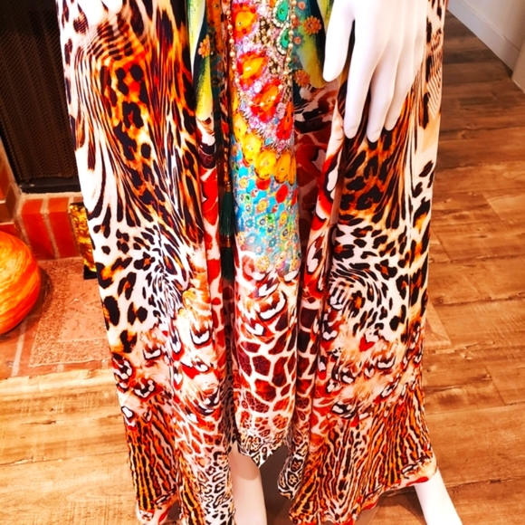 **LAST ONE***MANISH VAID Leopard Love Teal Orange Silk Hi-Lo Dress-NWT-OS - Picture 2 of 9